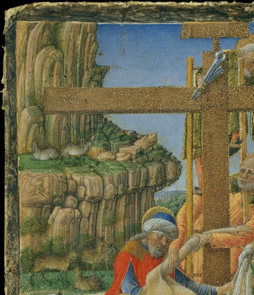 The compressed, almost mineral landscape is characteristic of North Italian illumination-style painting; the rocks press forward, denying recession and increasing the intensity of the foreground action.