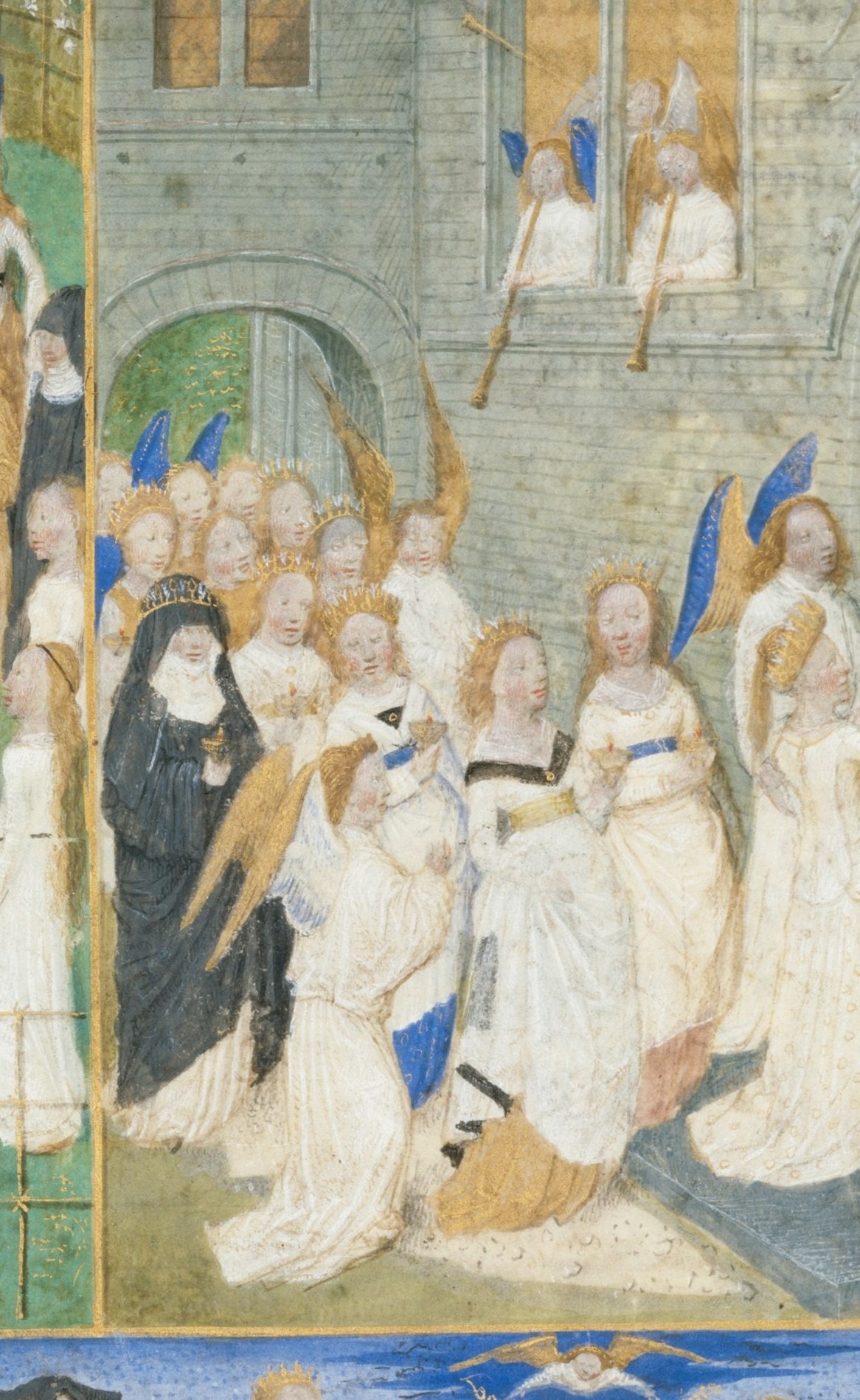 The multitude of figures emphasizes the abundance of souls welcomed into paradise.