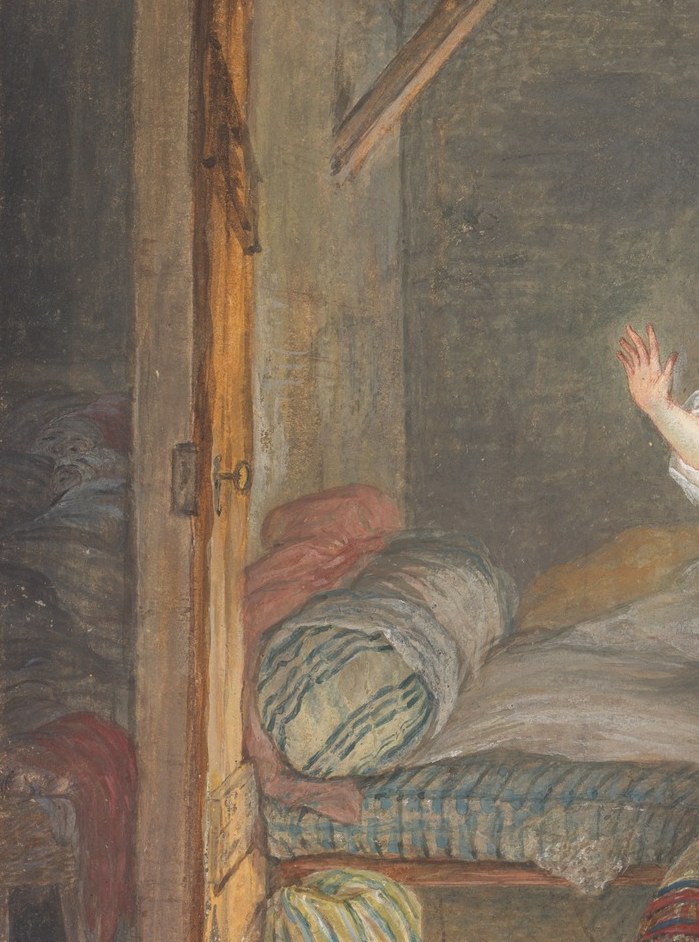 The disordered bed implies the woman has just risen or been surprised mid-rest, grounding the scene's illicit charge
