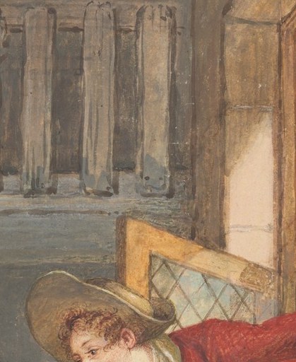 The man's leaning posture and expression convey desire or persistence; his red jacket signals passion against the muted room