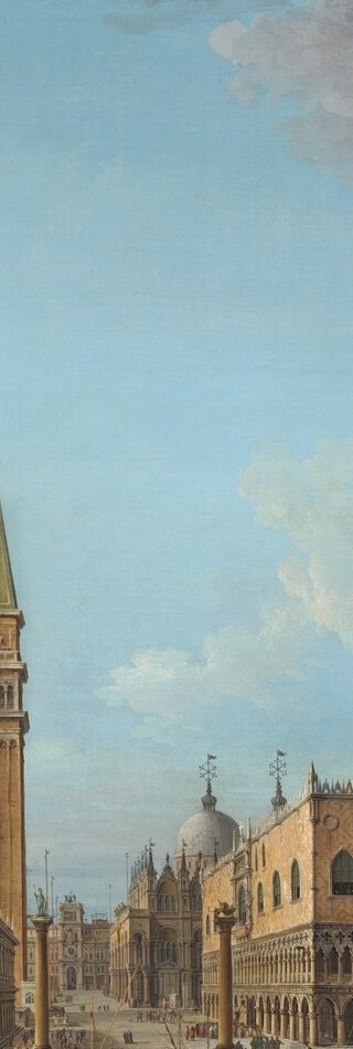 The defining vertical axis of Venice; in 1742 this is the original tower, it collapsed in 1902 and was rebuilt, making Joli's version a unique document of its lost silhouette.