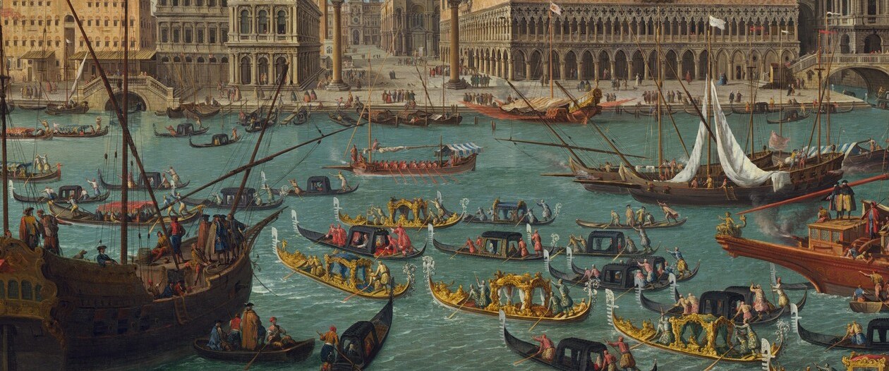 The painting's stated subject: a formal state procession whose participants, ranked by costume color and boat position, constitute a legible social hierarchy of 1742 Venice.