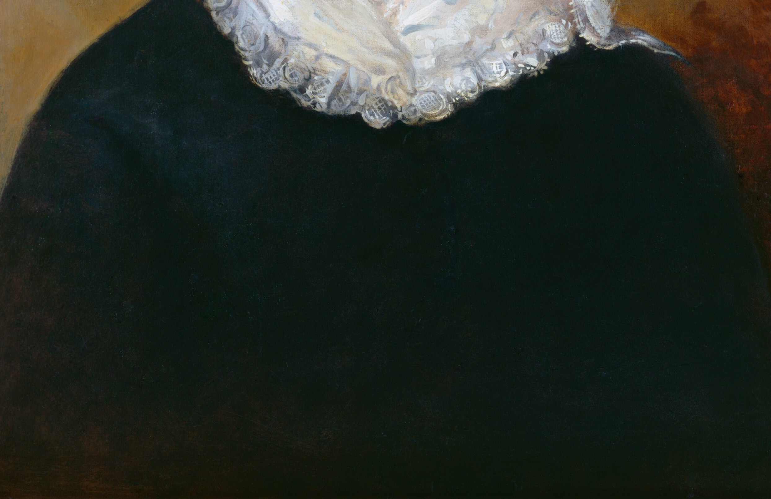 The dark dress is almost featureless, a deliberate foil that throws the face and white lace into relief , a compositional strategy typical of Neagle's American portraiture
