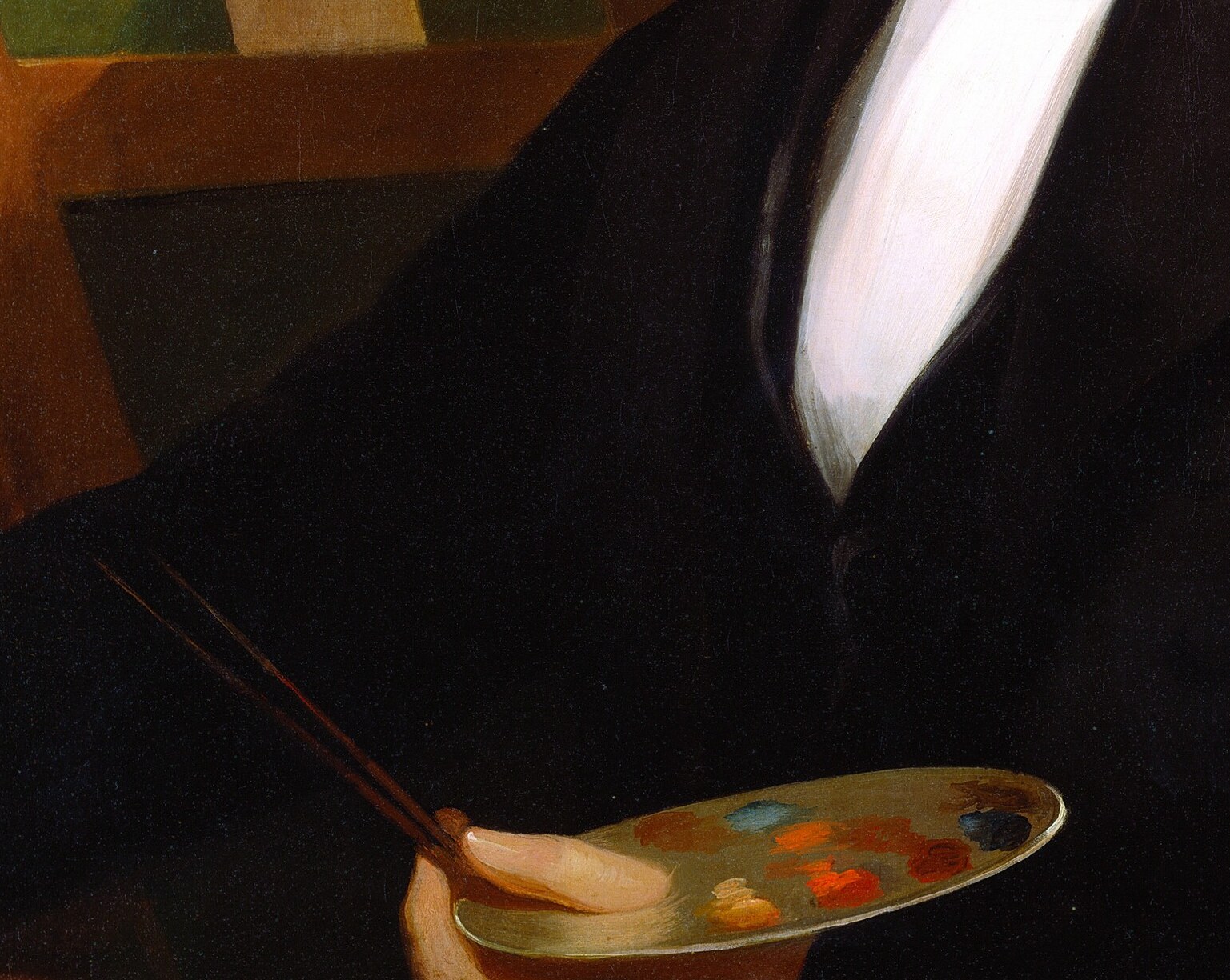 In his left hand: a painter's palette, smeared with real pigment.
