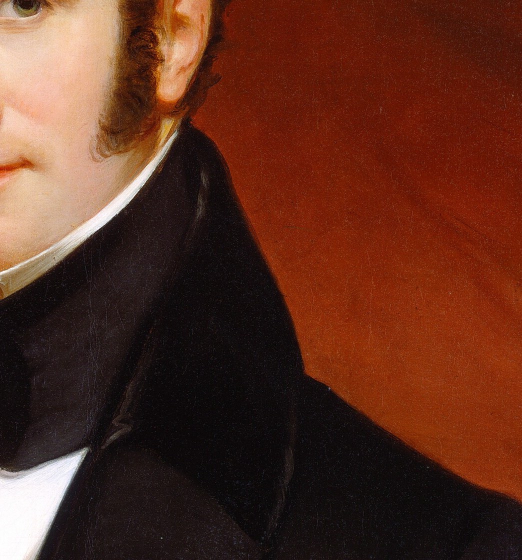 In his right: a small finished portrait, held like a calling card.