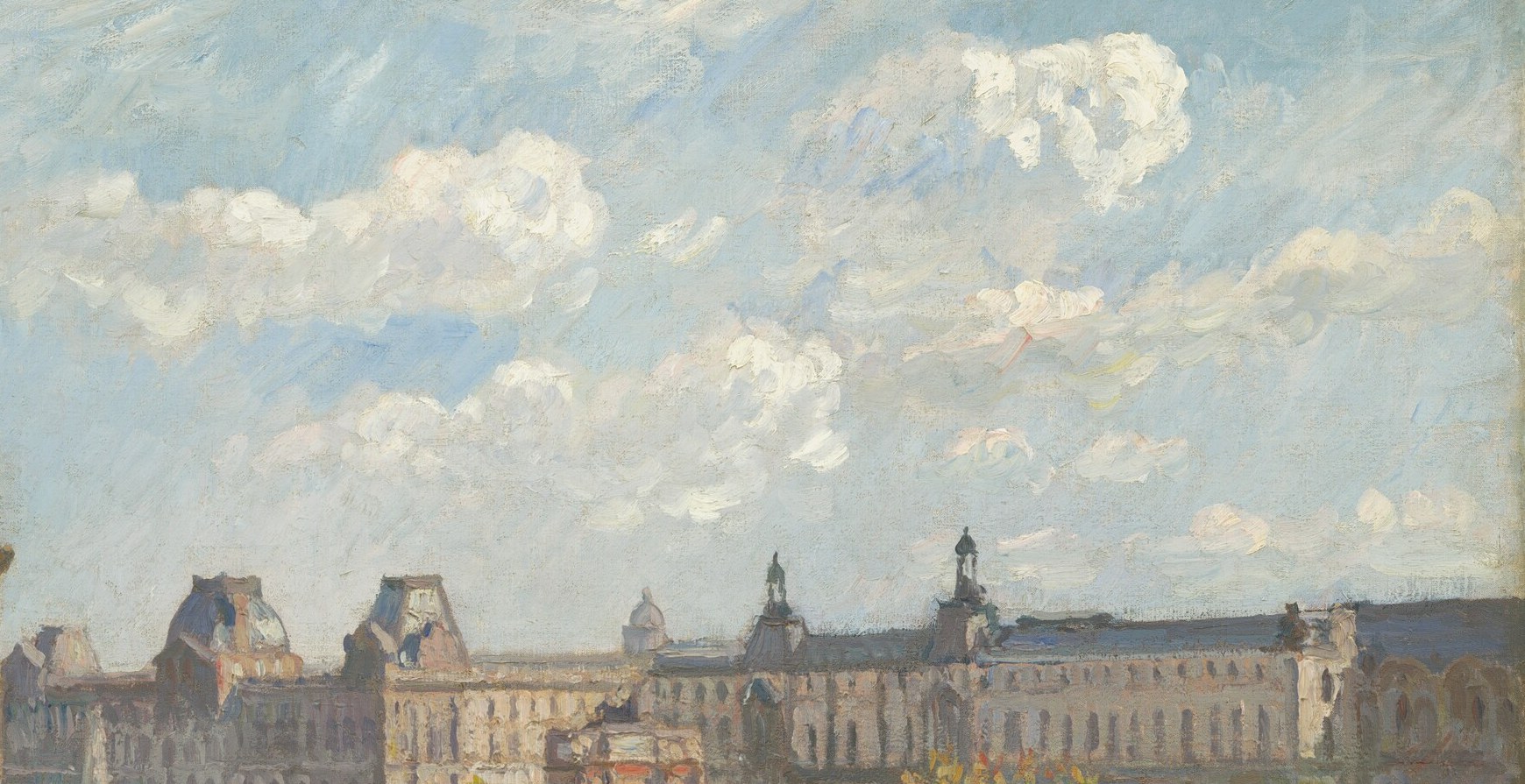 The defining motif of the painting , Pissarro renders the palace with broad, flickering strokes that make the stone seem to breathe rather than sit inert; roofline punctuated by dormer windows and chimneys.