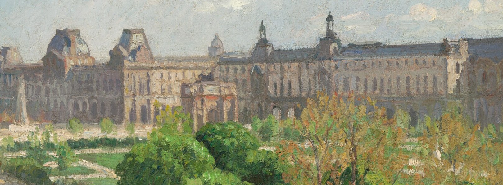Pissarro's broken-touch foliage is the chromatic engine of the scene , warm yellow-greens against the grey stone; each tree dissolves at its edges into pure atmosphere.