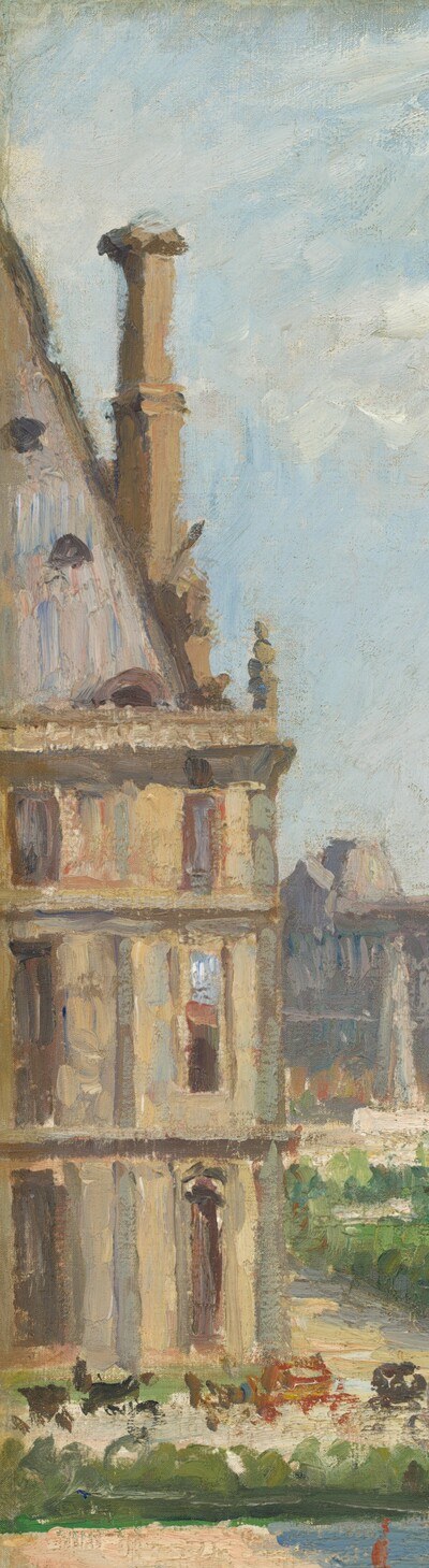 The massive vertical anchor of the composition; its dark stone mass and ornate cornice contrast sharply with the airy sky, giving the scene its sense of monumental depth.