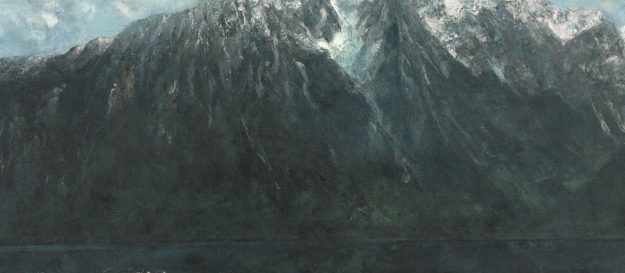 The near-black rock walls create a tonal anchor that makes the snow above glow by contrast; Courbet's palette knife work is likely most visible here.