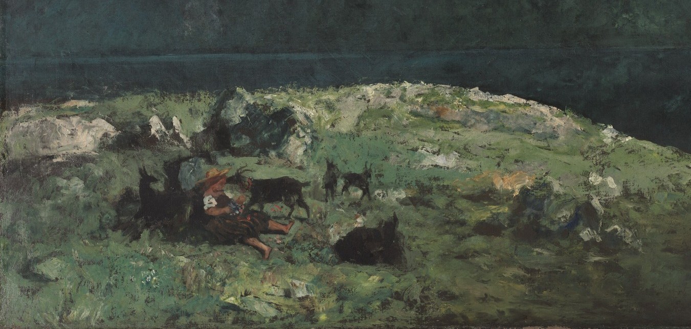 The rich green occupies the lower third, grounding the composition in earth and pulling the eye in stages toward the summit , classic Realist spatial logic.