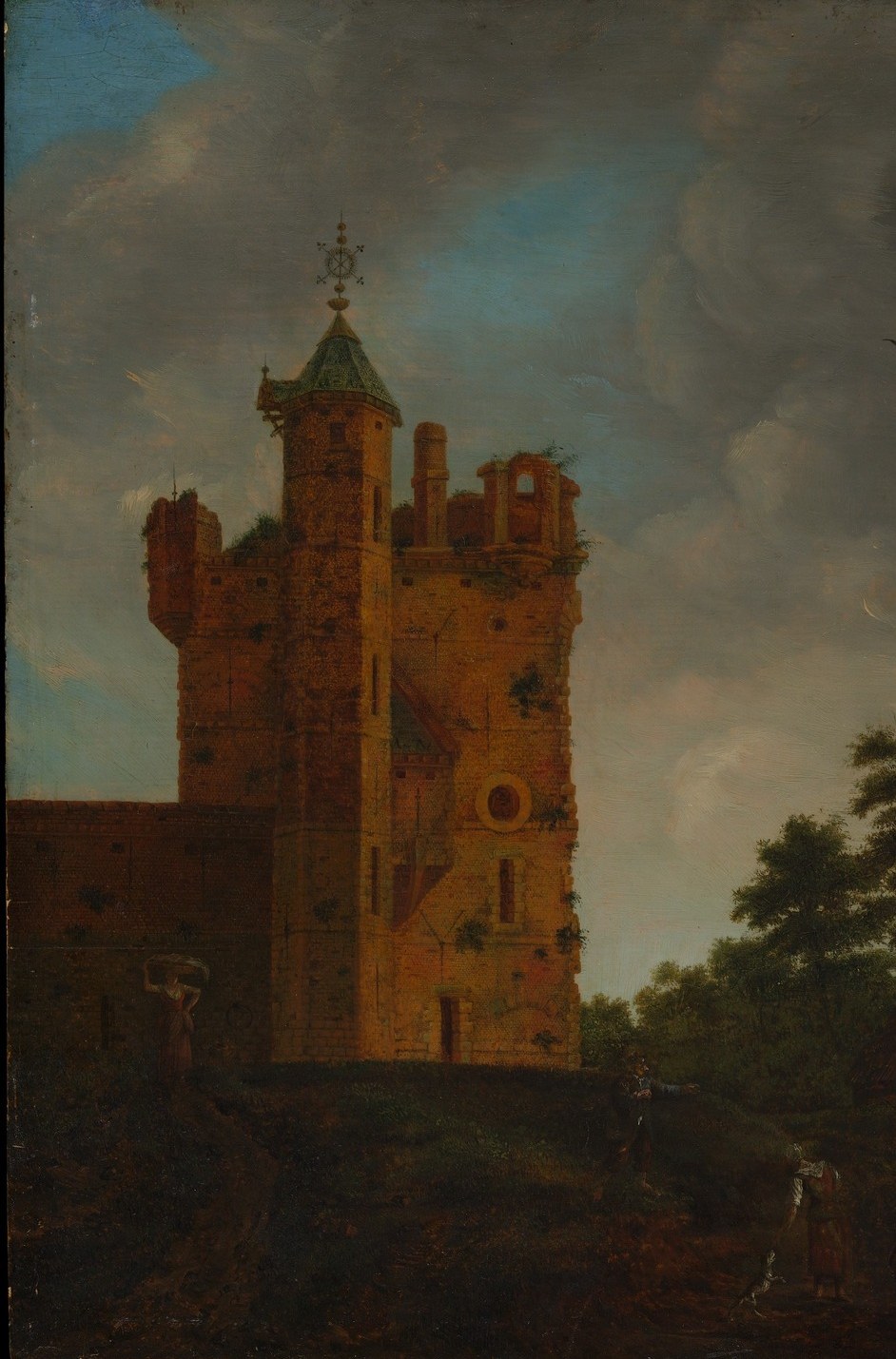 The central subject , crumbling red brick, a mix of surviving ornament and ruin , anchors the painting's meditation on decay and endurance; every crack and tonal variation in the masonry repays close inspection.