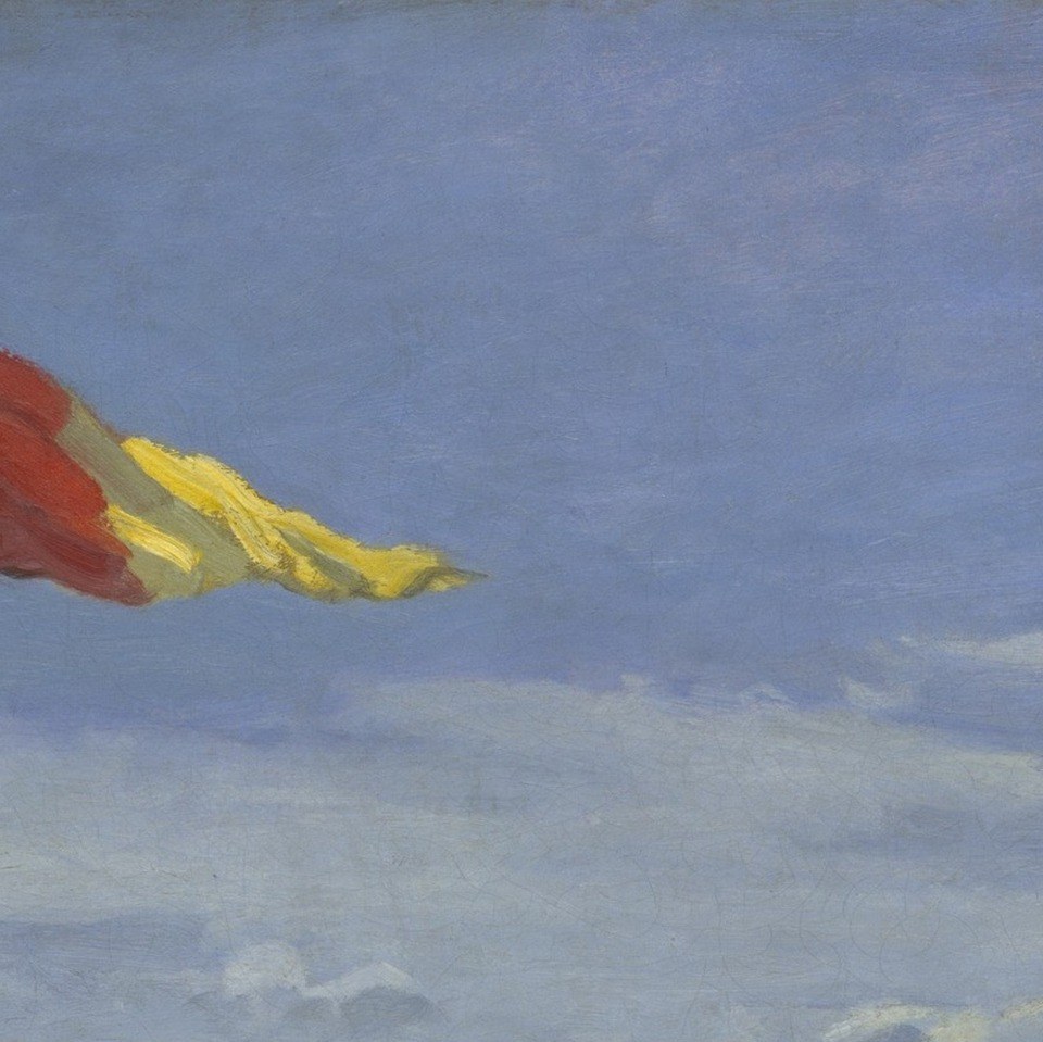 The flag asserts French national pride in a year of political tension; its bold red, white, blue repeats the painting's palette in compressed form