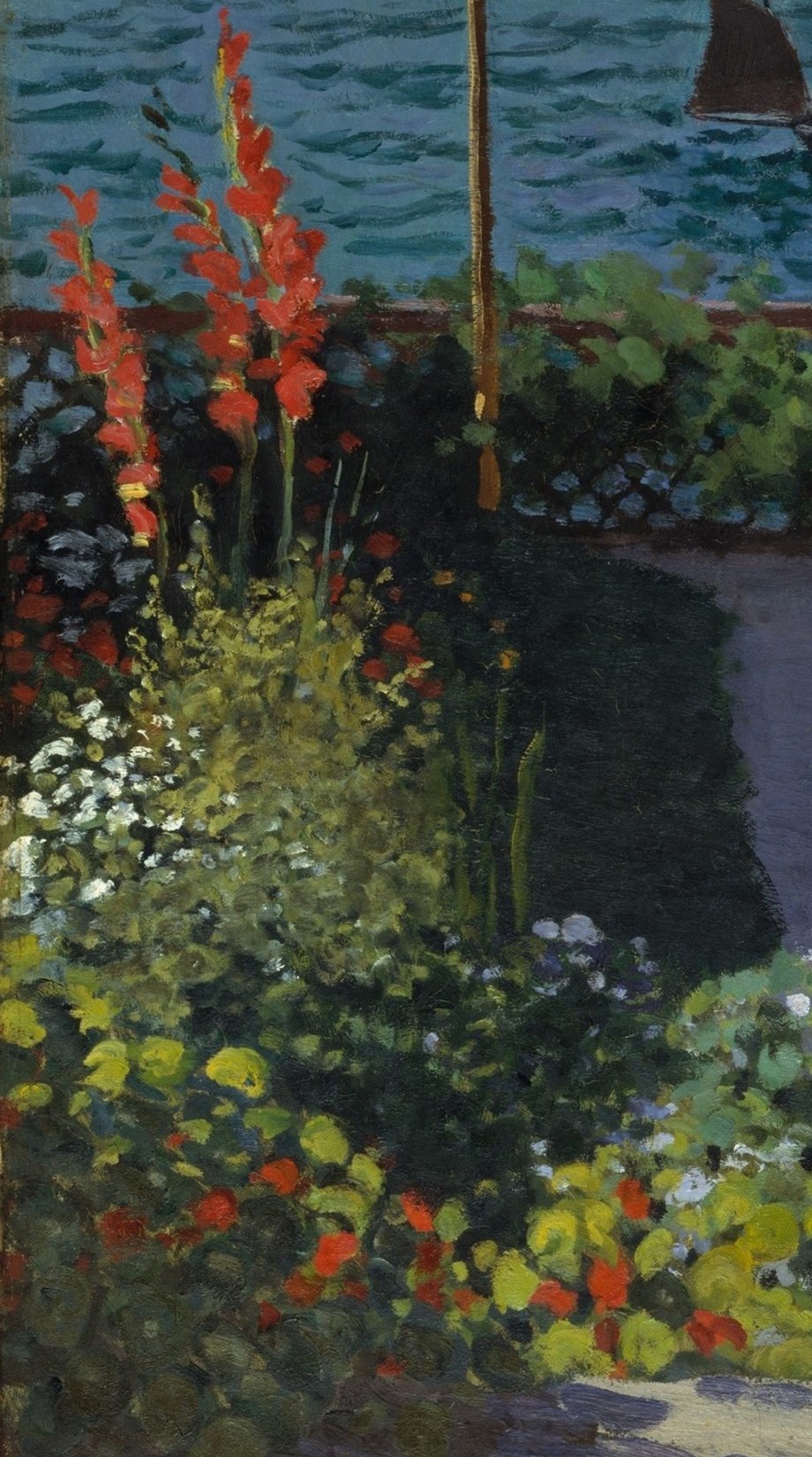 The saturated cadmium-red spikes are Monet's boldest colour punch , they anchor the left edge and push the receding terrace into perspective
