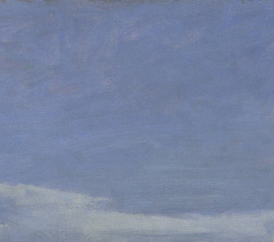 Paired flags frame the sky like a theatrical proscenium and establish the horizontal rhythm that keeps the eye level across the canvas