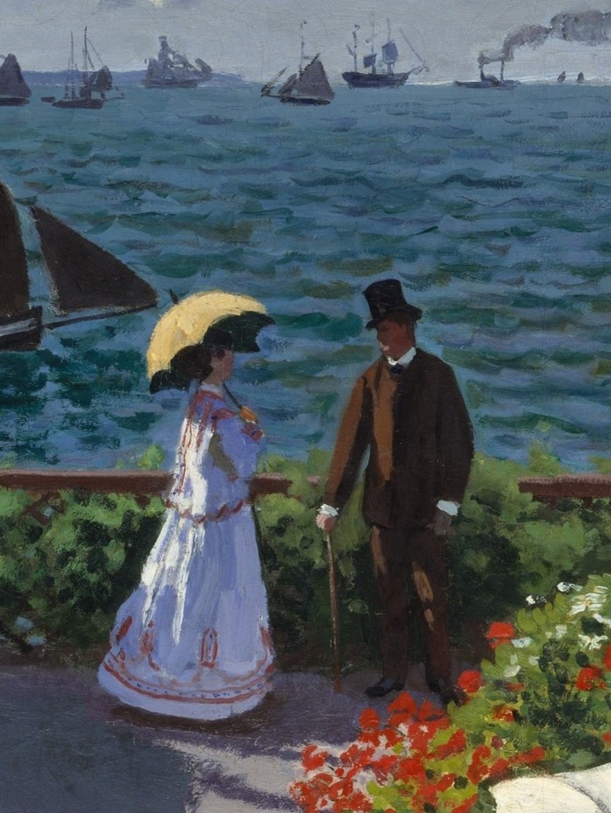 Monet's father figure , his upright posture and formal dress signal bourgeois leisure; the hat anchors the social register of the whole scene