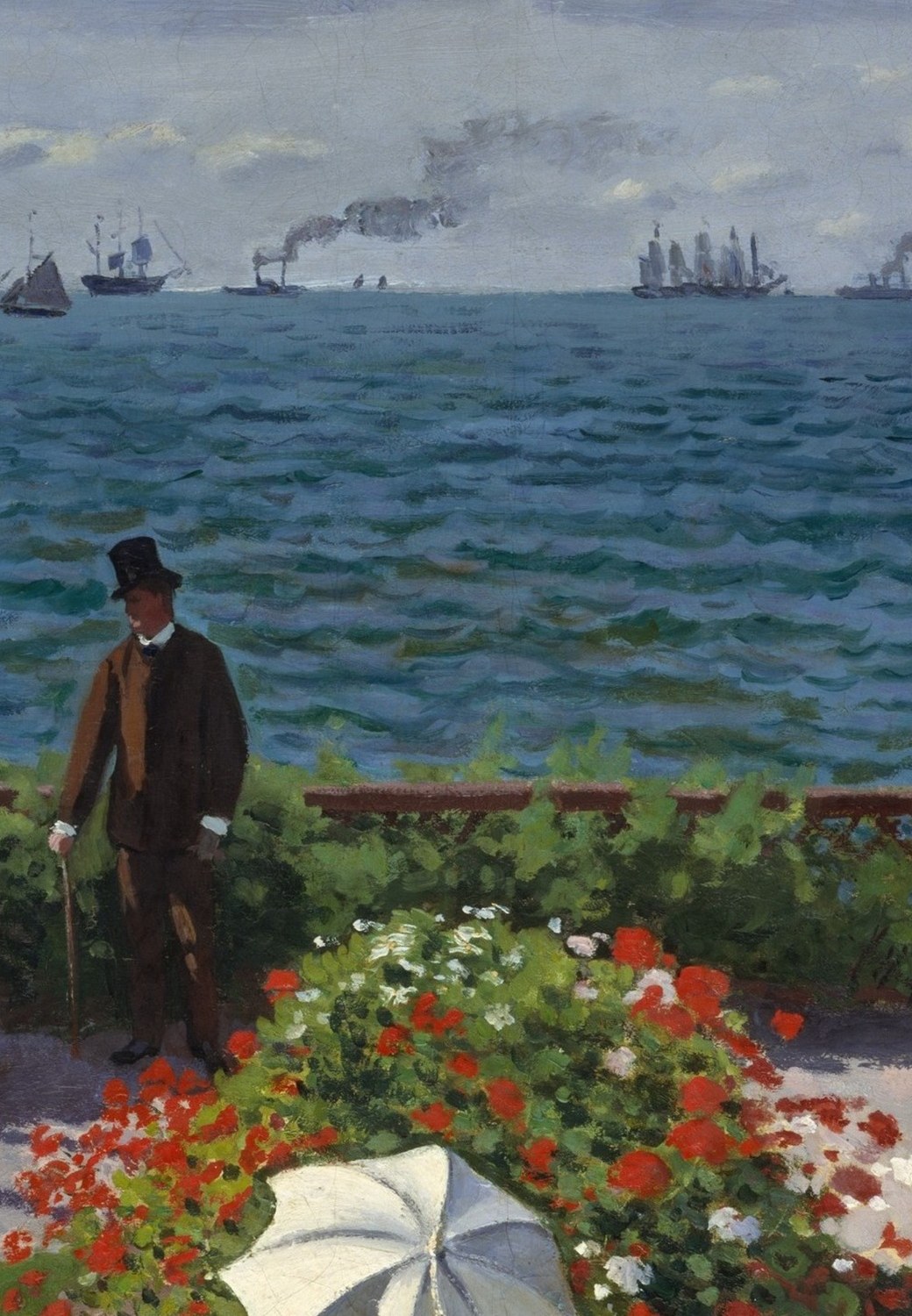 The parasol is the luminous centre of the composition , Monet uses it to pull the brightest white into the mid-ground, linking sky and garden