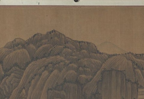 The compositional anchor , a massive, dark-ink mountain apex that establishes the heroic scale of Kuaiji; its compressed summit suggests immovable permanence