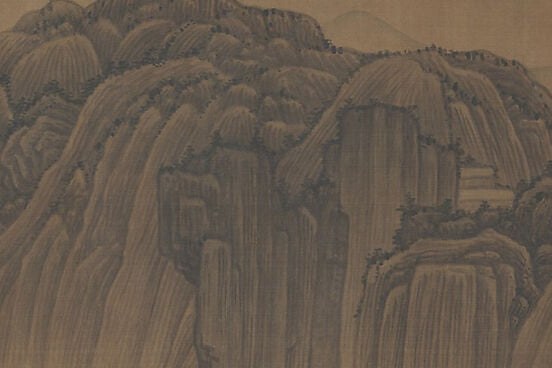 The painter builds the mountain with hemp-fiber strokes.