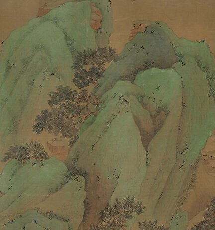 The commanding anchor of the composition; its axe-cut texture strokes and mineral blue-green pigment announce the blue-green (qinglü) landscape idiom , a deliberate archaism pointing to Tang precedents.