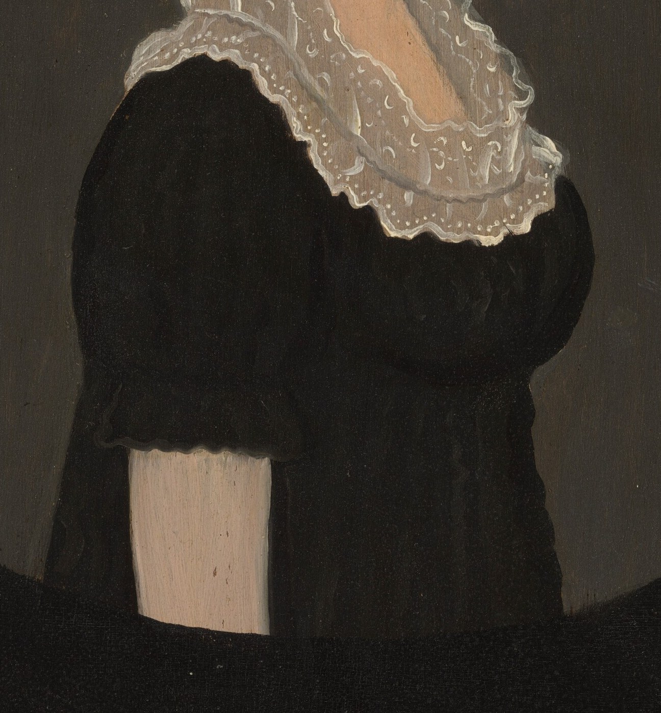 The dark, simple dress contrasts with the lighter elements, focusing attention on the face and attire.