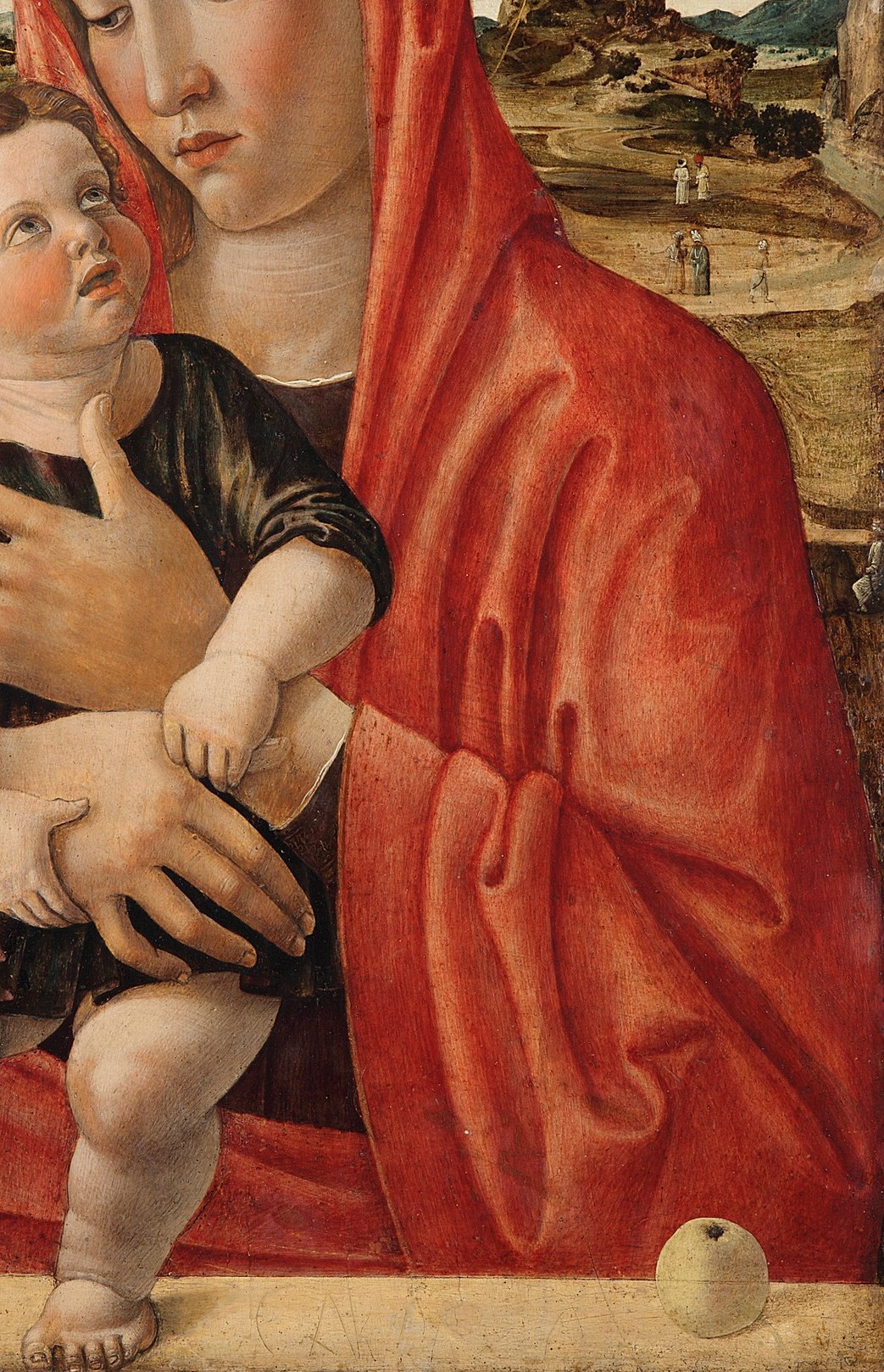 The rich, voluminous drapery of the mantle creates a sense of sacredness and importance.