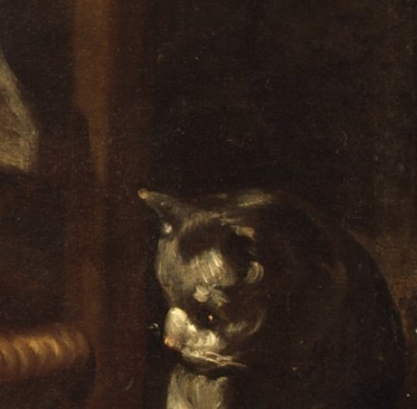 The cat's eyes stare outward at the viewer , the only element that breaks the scene's inward absorption , creating an uncanny point of contact across centuries.