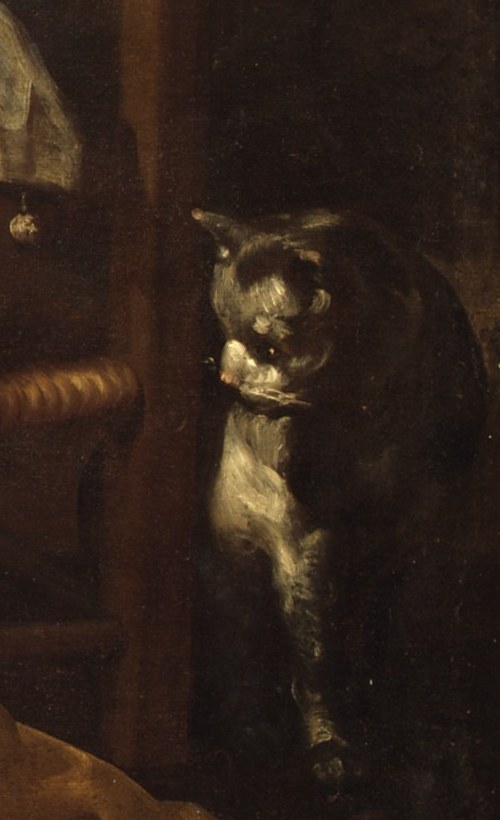 Art historians link this cat to the allegory of Sight: alert, unblinking, it mirrors the girl's own visual focus and doubles the painting's conceptual meaning.