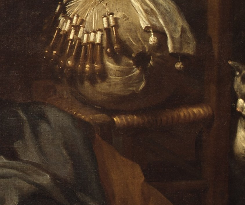 The dense cluster of bobbins and pins is visually arresting and carries documentary weight , this is precisely how mid-17th-century needle-lace was made, a rare close-record of a vanished domestic technology.