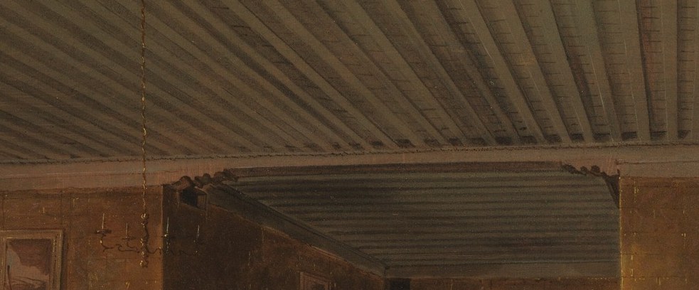 A single brushstroke suggests a man watching from the arch.