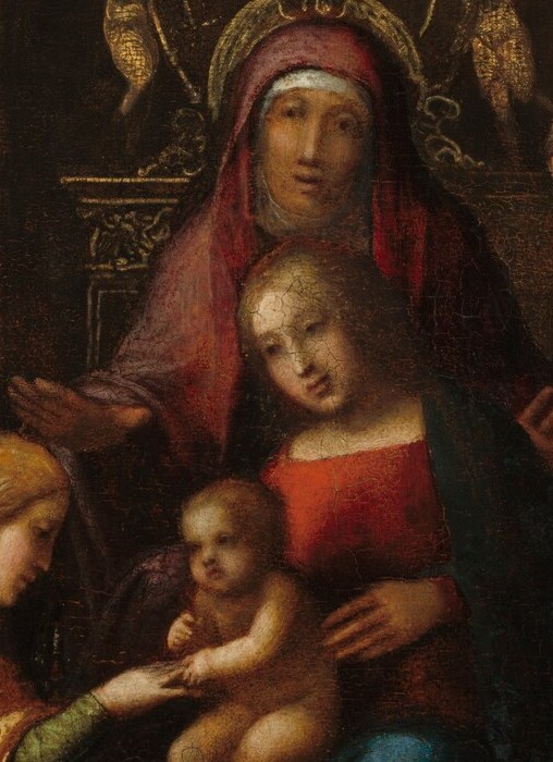 The infant reaches decisively downward , unusual agency for a baby figure, making the theological act feel enacted rather than symbolic.