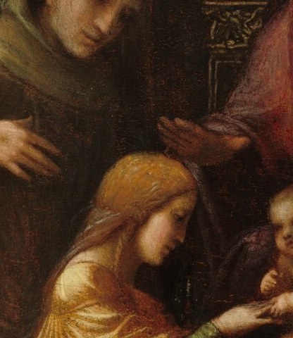 Her upward gaze and parted lips embody Correggio's signature ecstatic sweetness , the look that influenced an entire generation of Baroque painters.