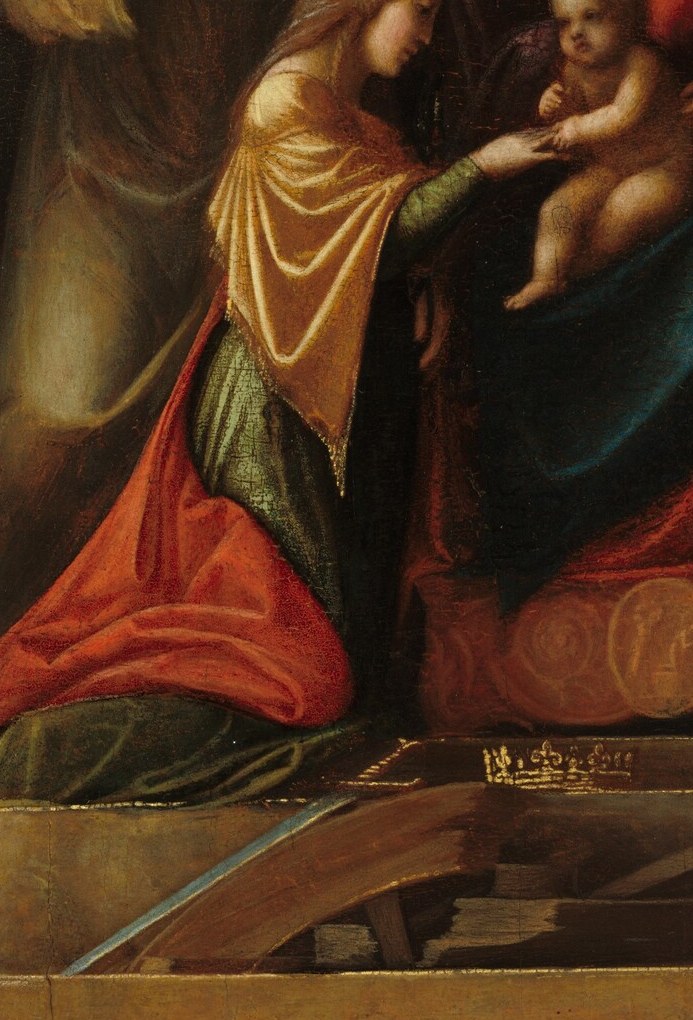 Aristocratic Renaissance dress signals her royal lineage; the warm gold against the cool background is Correggio's deliberate coloristic anchor for the left half.
