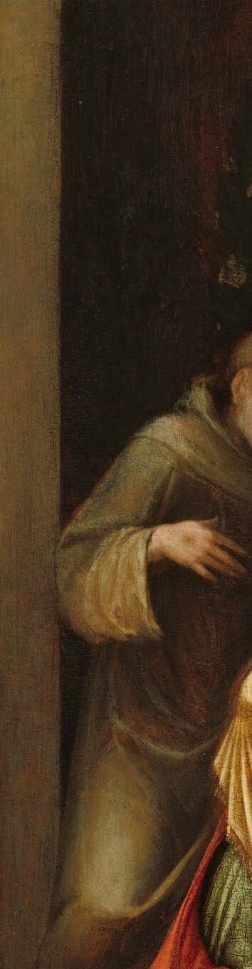 His brown Franciscan habit and tonsure identify him; placed at the margin, he witnesses rather than participates , a compositional device that invites the viewer to share his vantage.