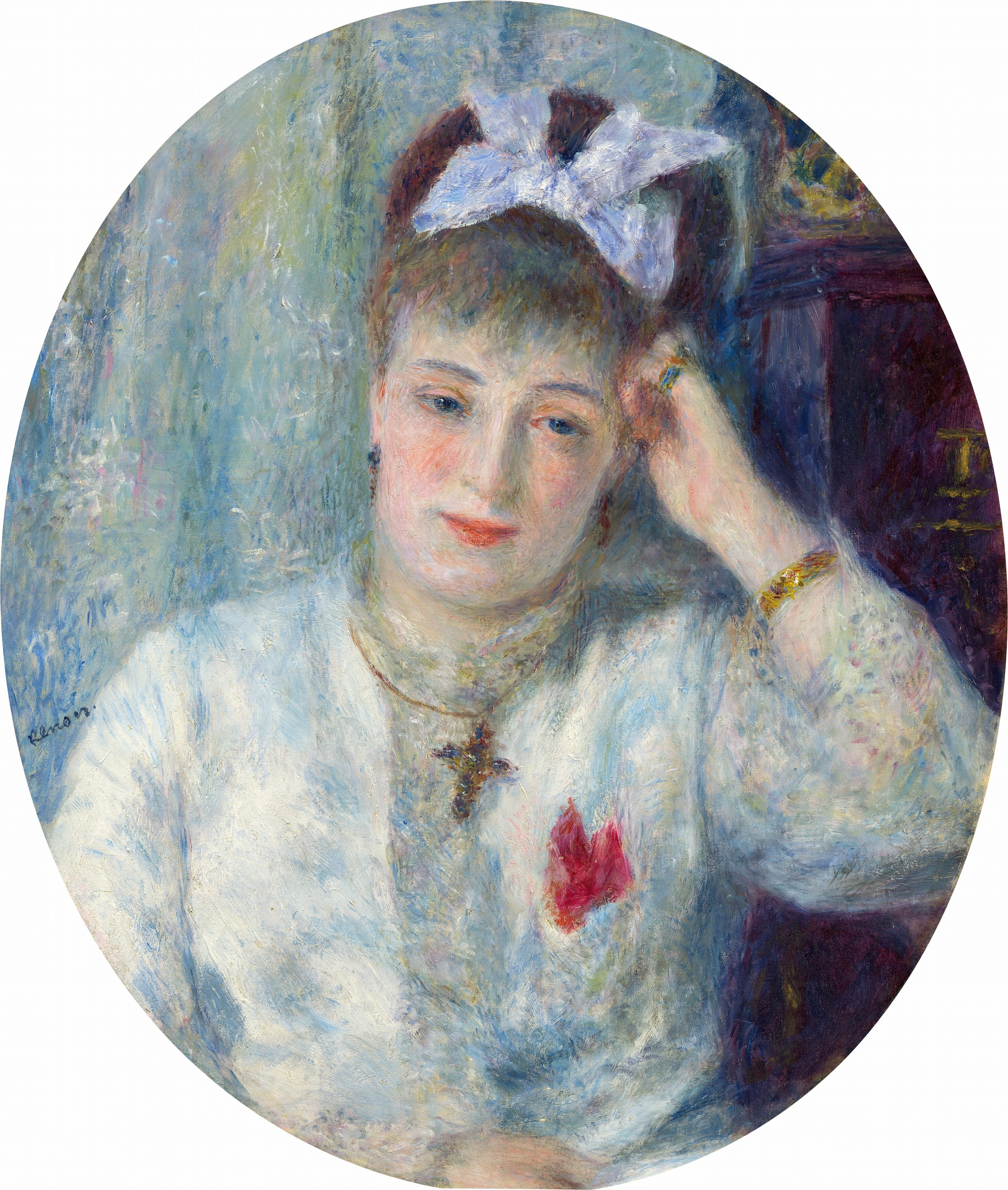 The composition is physically oval , a format common for intimate portrait commissions in the 19th century and largely abandoned after. The white corners are not backdrop but the shape of the canvas itself, a hidden structural fact.