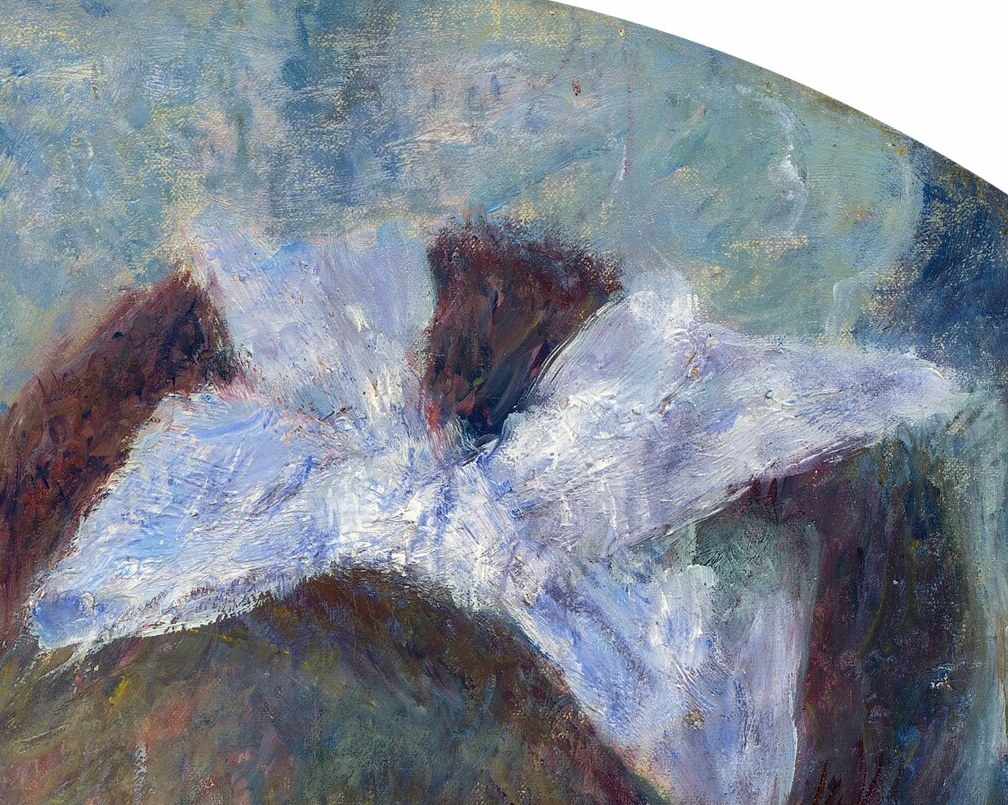 A deliberate fashion statement , the oversize white bow signals youth and bourgeois femininity in 1877 Paris, functioning as social coding for the sitter's milieu.