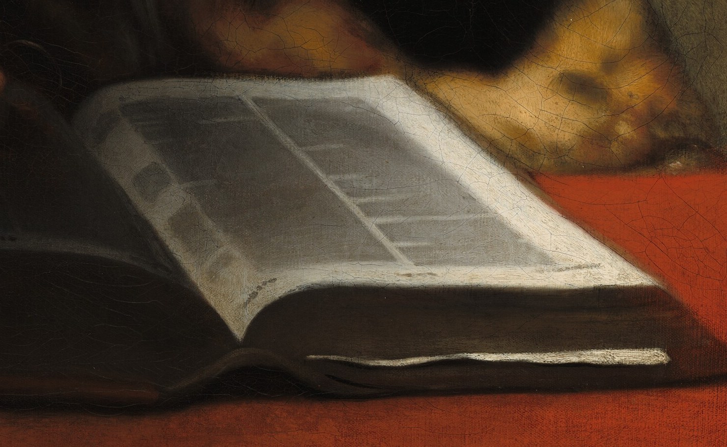 The illuminated pages and text hint at the content of her reading, a potential source of knowledge or solace.