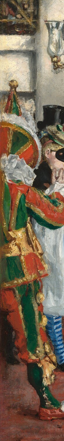 The single most vivid chromatic burst in a canvas dominated by black , the harlequin's costume creates immediate visual shock and marks the threshold between carnival fantasy and bourgeois conformity