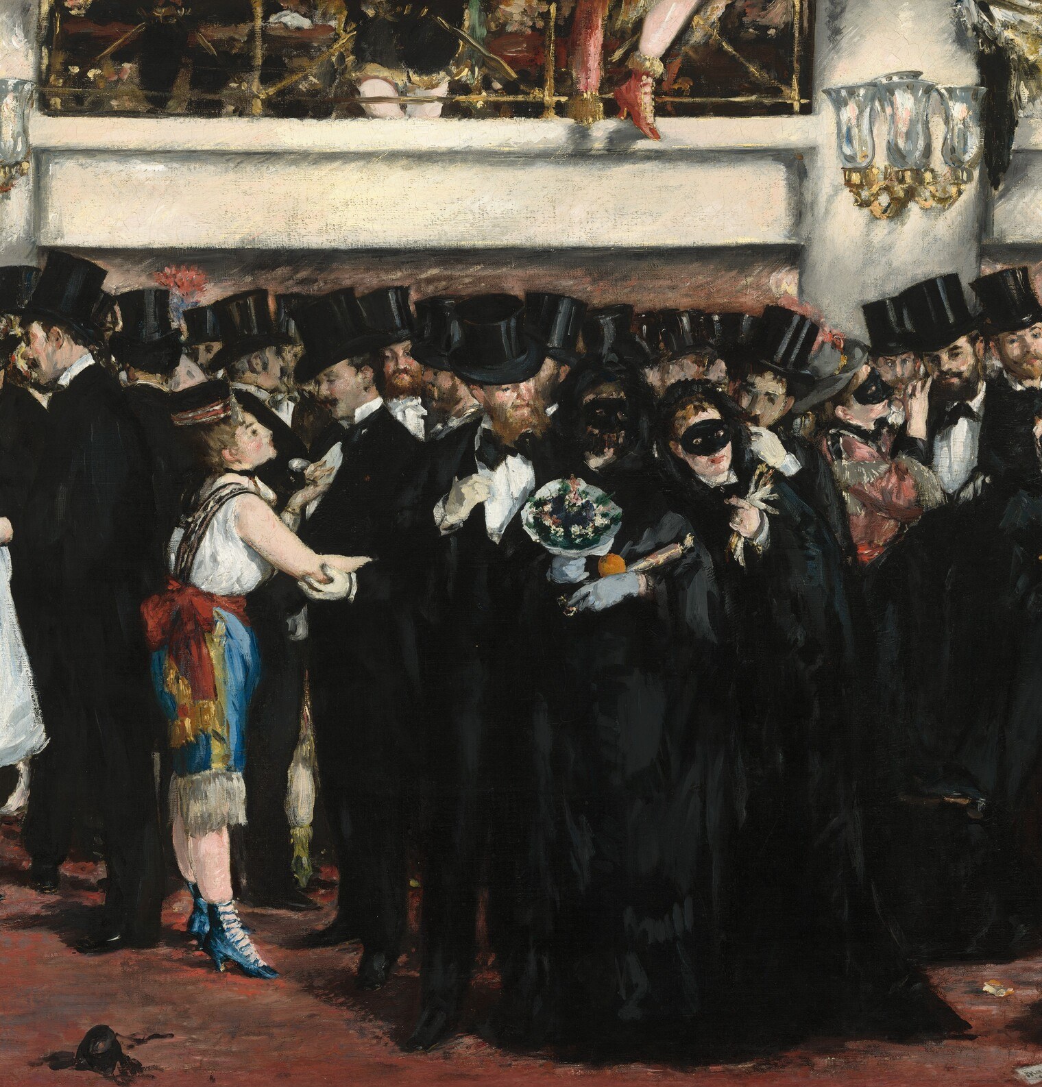 Manet's social critique made visible: bourgeois male identity so uniform it becomes its own disguise , the real masks in this painting are the top hats, not the dominos on the women