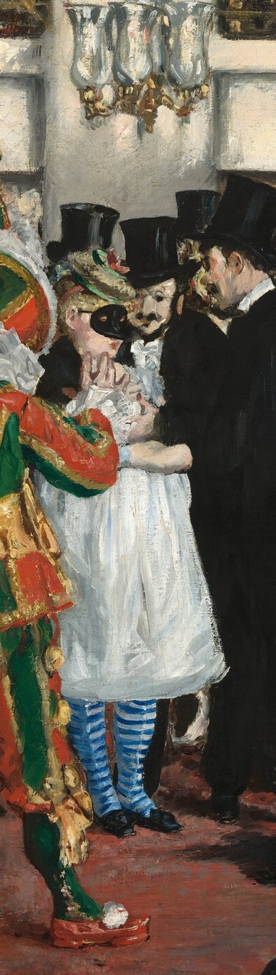 A second carnival persona contrasting with formal dress; the outstretched posture suggests an invitation or flirtation, exposing the social transaction that the masked ball exists to enable