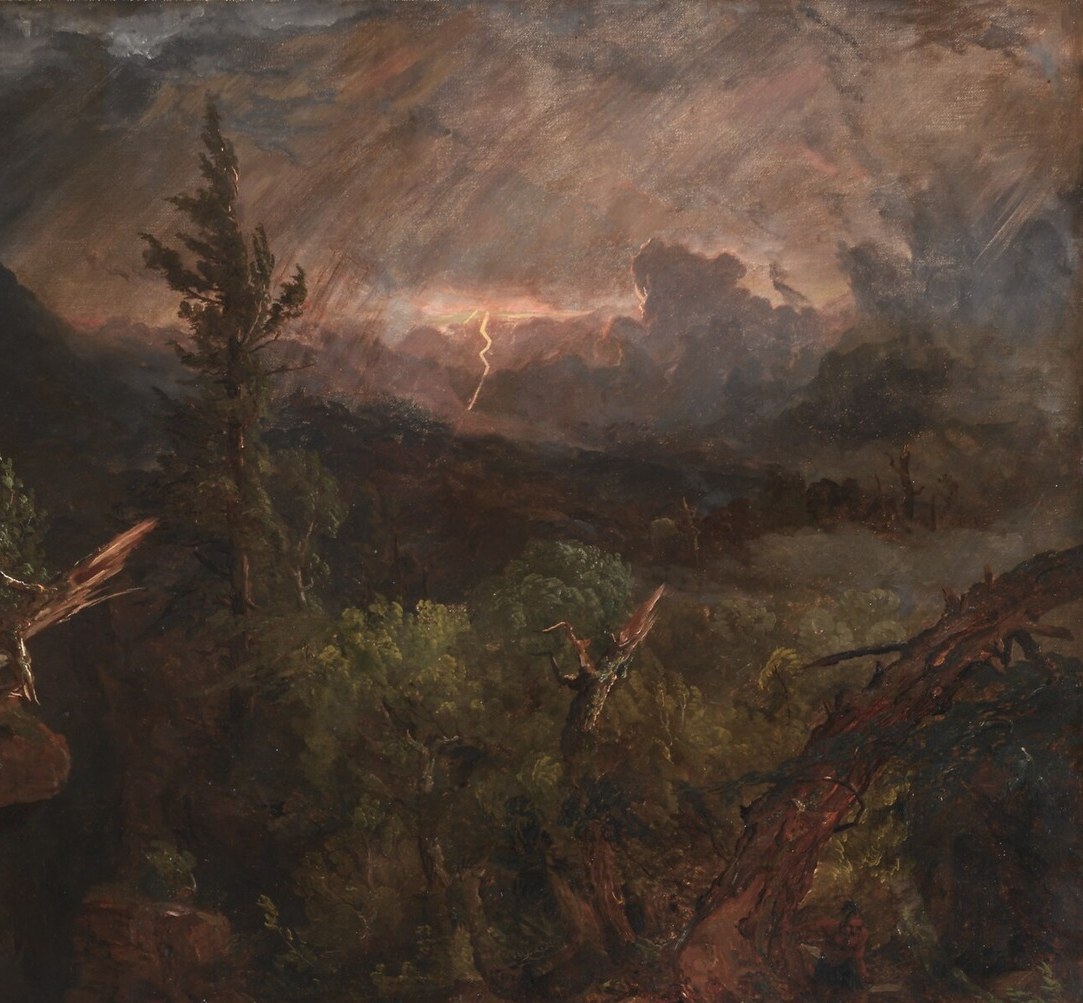 A bolt of lightning pierces the turbulent, stormy sky.