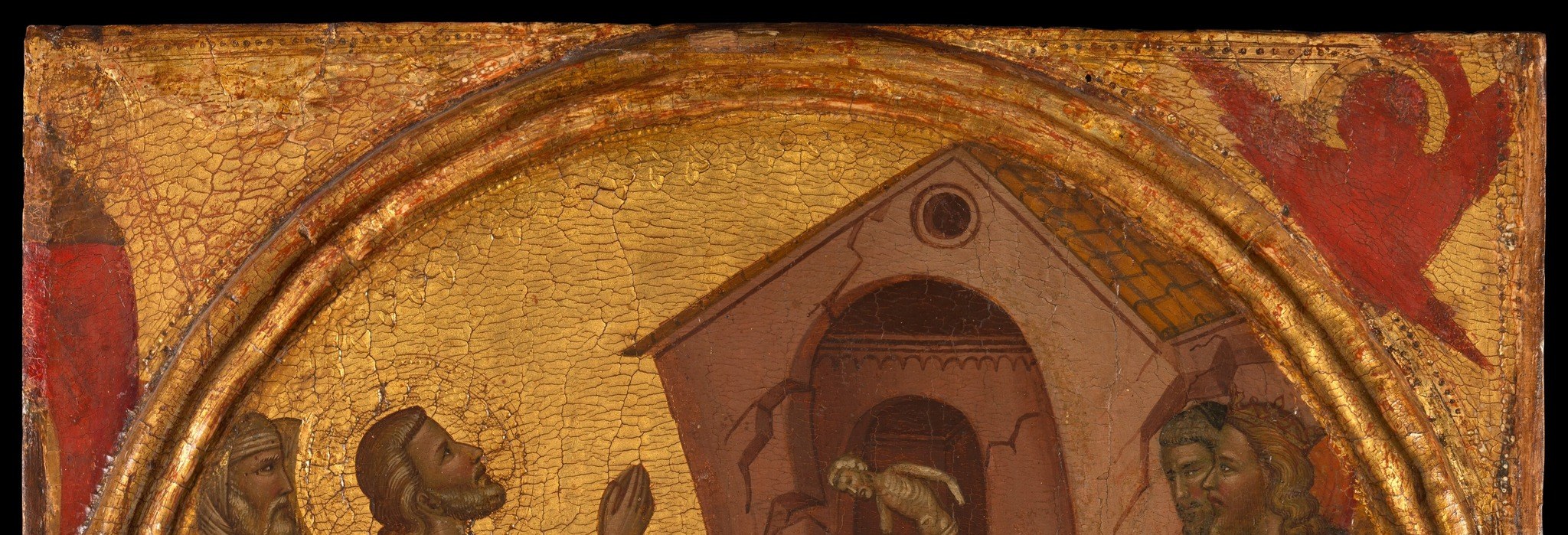 The gold ground functions as sacred space rather than sky , not atmosphere but heaven itself; a close-up reveals the texture of applied leaf and incised punchwork typical of 14th-century Italian panels.