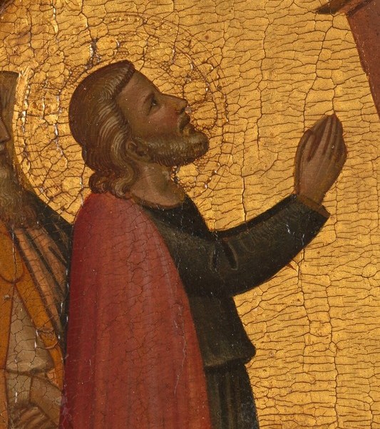 Saint John kneels, and with one raised hand gives the command.