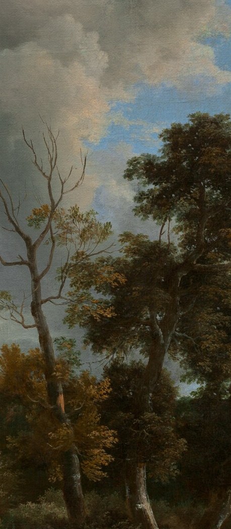 Classic Ruisdael memento mori symbol , the leafless, shattered trunk placed beside living oaks is a deliberate vanitas contrast, signaling transience amid flourishing nature.
