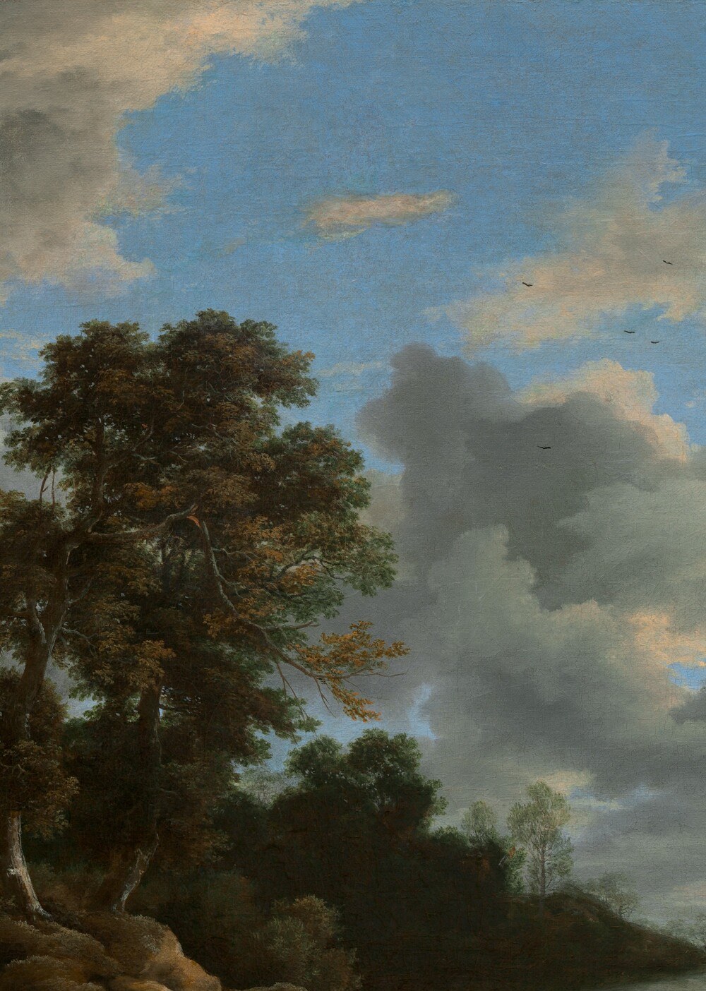 The compositional anchor; densely rendered foliage shows Ruisdael's technical command of leaf-mass differentiation and the shifting green-to-dark tonal range within a single tree crown.