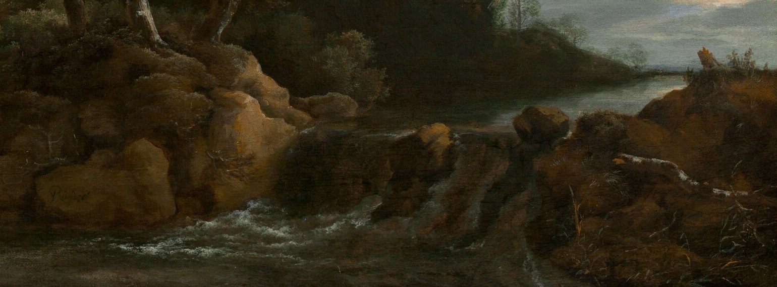 The mirror surface picks up cloud and tree tones , shooting here reveals Ruisdael's subtle wet-on-wet blending and how still water unifies sky and earth in Dutch landscape convention.