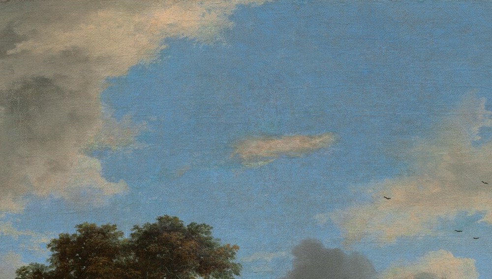 The main light source in the scene; its warm golden backlight silhouettes the treetops and controls the entire tonal drama of the painting.