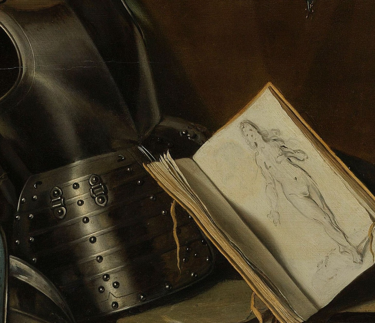 Artistic creation as vanitas symbol; the open pages suggest interrupted work, reinforcing the theme that even intellectual accomplishment is unfinished by death.