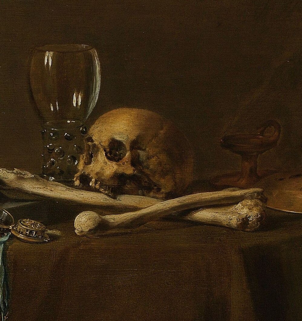 The canonical memento mori object; placed at roughly the same eye level as the Spinario's downturned gaze, creating an implied dialogue between living effort and death.