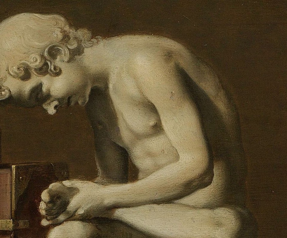 The boy's concentrated, introspective expression , entirely absorbed in a small pain , becomes ironic when read against the skull; Claesz invites the viewer to share that downward gaze.