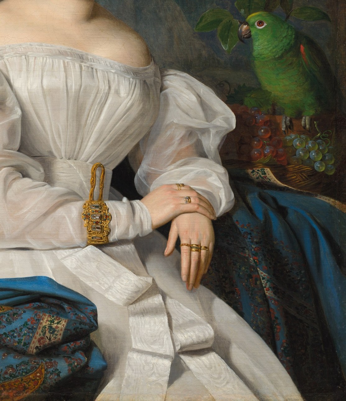 Look at the rich detail of her gown.